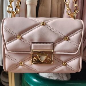 Michael Kors Serena Small Smooth Pink Vegam Leather Studded Flap Crossbody Bag.